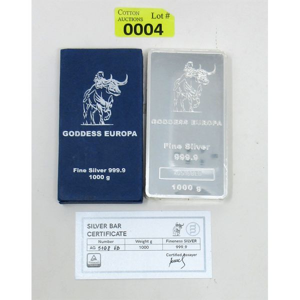 1000 Gram .9999 Silver Goddess Europa Certified Bar 