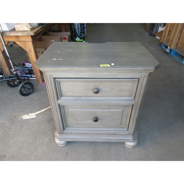 Large Grey 2 Drawer Nightstand with Outlets