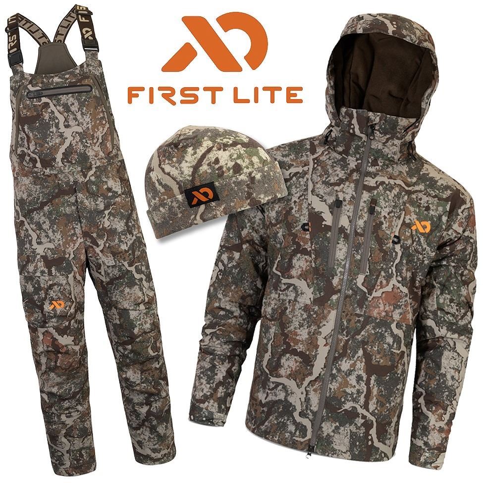 First Lite Solitude Kit Bibs / Jacket and a tag cuff beanie in specter