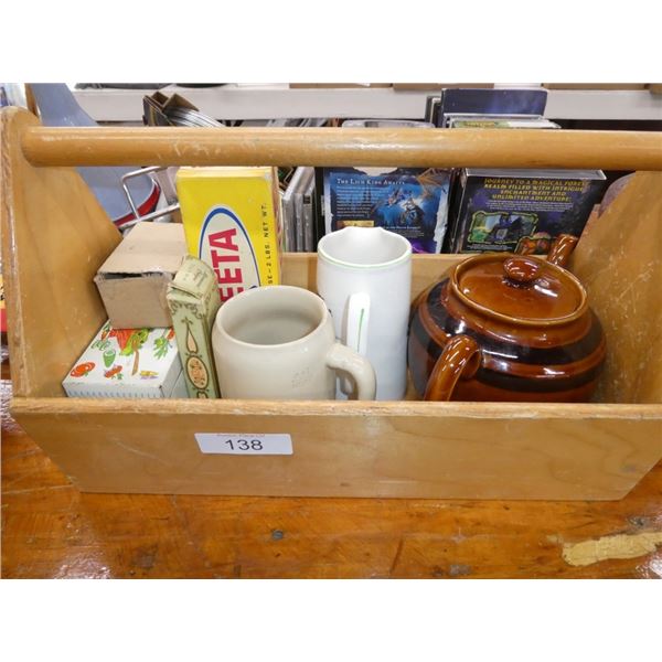 wooden tool box, tea pot, mugs
