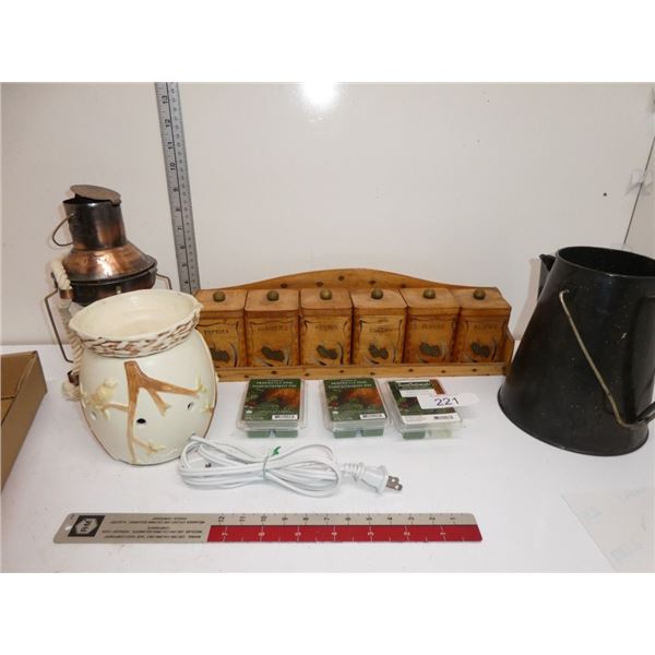 spice rack, scent diffuser, coffee pot, scent wax