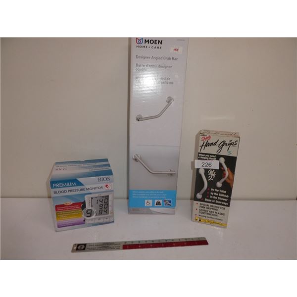 grab bar, hand grips, blood pressure monitor