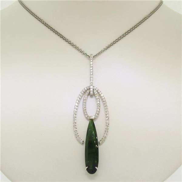 NEW 18k White Gold 16.5" 6.39 ctw Pear Green Tourmaline Diamond Pendant Necklace
