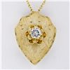 Image 2 : Vintage 14k Yellow Gold 0.40 ctw Diamond Hand Etched Shield Pendant Necklace