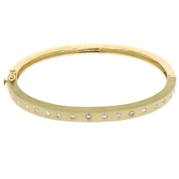 14k Yellow Gold.85 ctw Burnish Diamond 7" Hinged Sandblast Open Bangle Bracelet