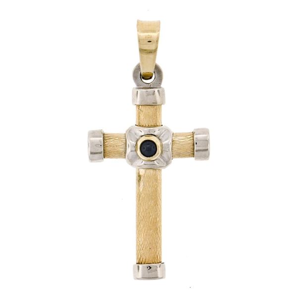 New Italian 14K Yellow Gold Round Cabochon Cut Black Onyx Textured Cross Pendant