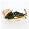 Image 4 : Vintage 14K Yellow Gold Carved Pink Coral Rose Flower w/ 3 Jade Leaf Brooch Pin