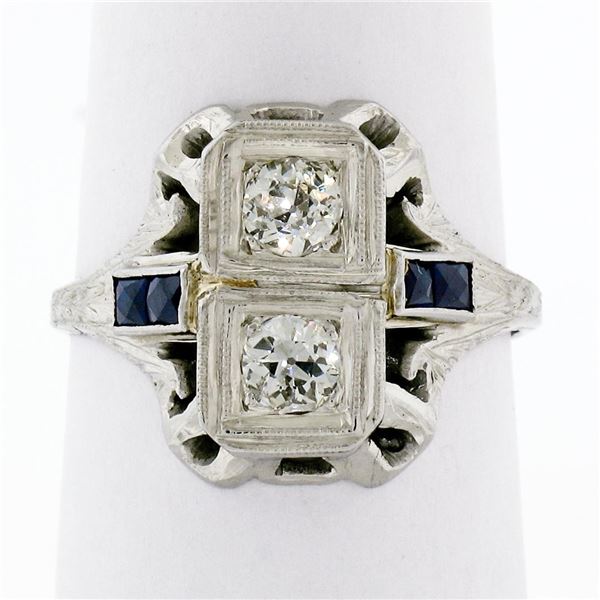 Antique Art Deco 18K White Gold .46 ctw Diamond Sapphire Open Etched Dinner Ring