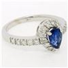 Image 3 : 14k White Gold 1.33 ctw FINE Pear Sapphire Solitaire Ring w/ Round Diamond Halo