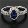 Image 5 : 14k White Gold 1.33 ctw FINE Pear Sapphire Solitaire Ring w/ Round Diamond Halo