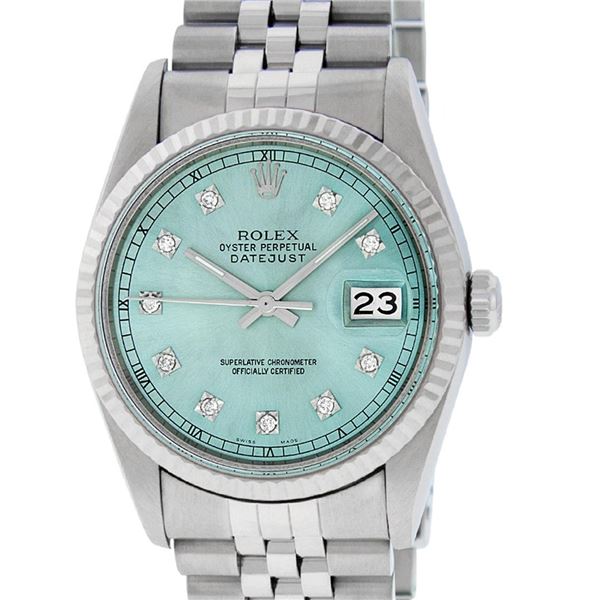 Rolex Mens Stainless Steel Ice Blue Diamond 36MM Datejust Wristwatch
