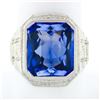Image 1 : Antique 14k White Gold Large Rectangle Blue Stone Hand Engraved Statement Ring