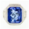 Image 4 : Antique 14k White Gold Large Rectangle Blue Stone Hand Engraved Statement Ring