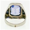 Image 6 : Antique 14k White Gold Large Rectangle Blue Stone Hand Engraved Statement Ring