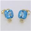 Image 2 : 14K Yellow Gold 2.62 ctw Cushion Checkerboard Blue Topaz & Diamond Stud Earrings