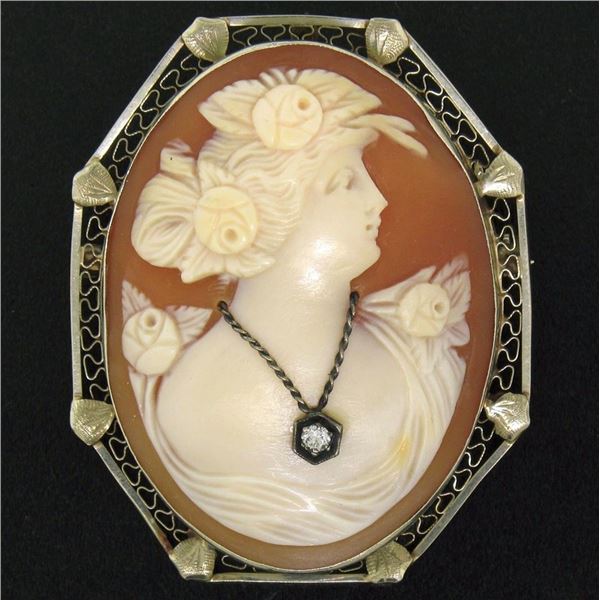 Vintage 14k White Gold Diamond & Carved Shell Cameo Open Filigree Brooch Pendant