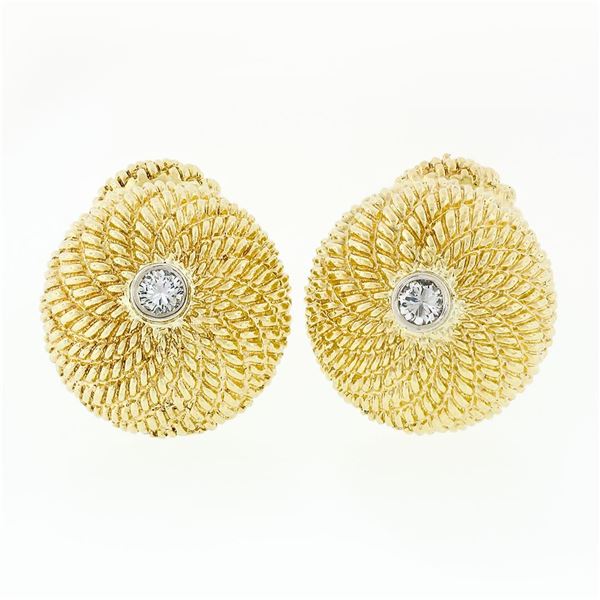 Vintage 14k Two Tone Gold 0.30 ctw Diamond Swirl Twisted Wire Button Cuff Links