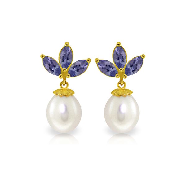 Genuine 9.5 ctw Tanzanite & Pearl Earrings 14KT Yellow Gold - REF-43V4W