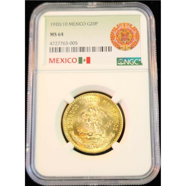 1920/10 MEXICO GOLD 20 PESOS NGC MS 64 SCARCE BU OVERDATE