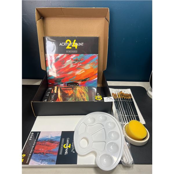 Lot of 1 Magicfly 24PC Acrylic Paint Set w/ 24 Colours, Brushes, 3 Canvases, 1 Palette, & More
