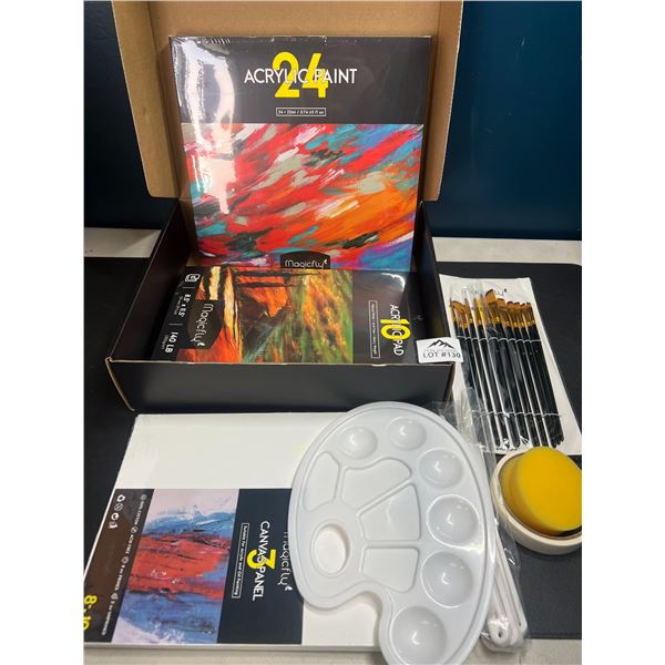 Lot of 1 Magicfly 24PC Acrylic Paint Set w/ 24 Colours, Brushes, 3 Canvases, 1 Palette, & More