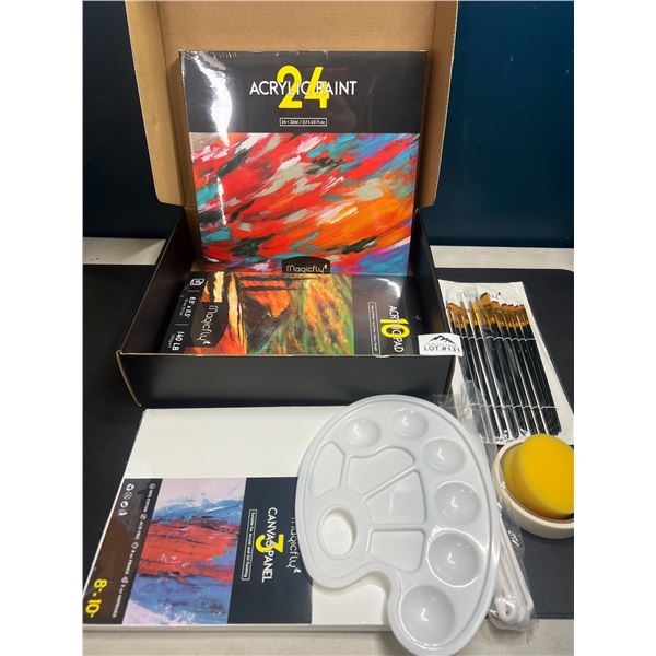 Lot of 1 Magicfly 24PC Acrylic Paint Set w/ 24 Colours, Brushes, 3 Canvases, 1 Palette, & More