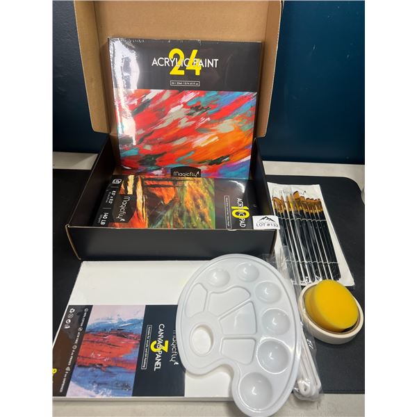 Lot of 1 Magicfly 24PC Acrylic Paint Set w/ 24 Colours, Brushes, 3 Canvases, 1 Palette, & More