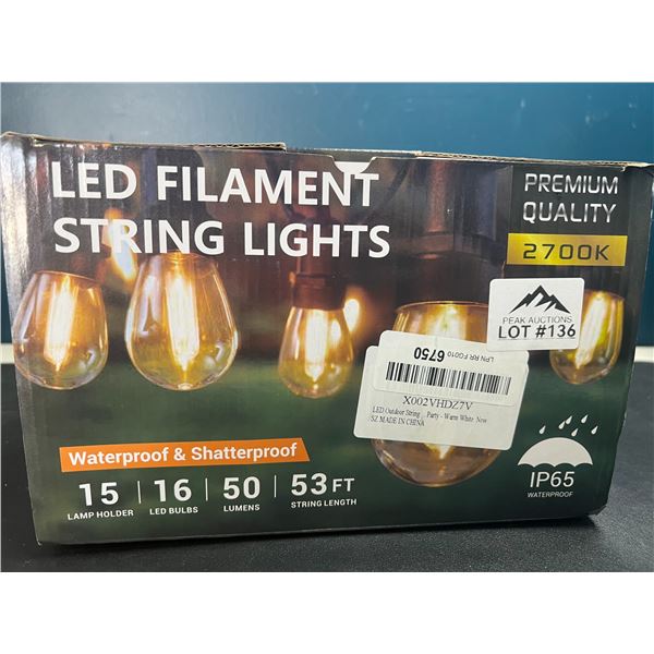 Lot of 1 LED String Lights w/ Edison Bulbs - 53FT Length - Waterproof & Shatterproof