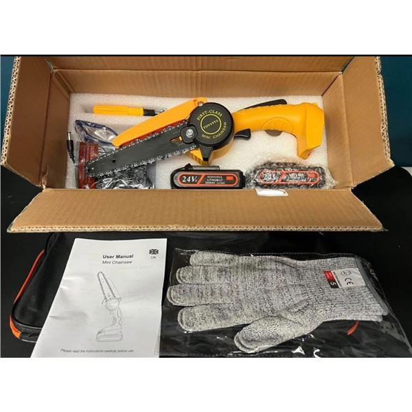 Lot of 1 Mini Cordless Electric Chainsaw w/ 2 Rechargeable Batteries, Extra Chain, & Storage Pouch