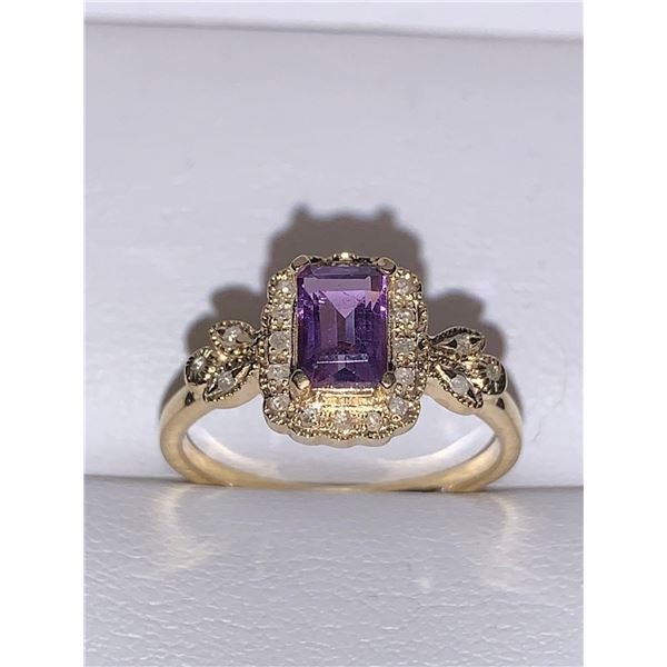 Natural Amethyst 1.25 Emerald Cut Solitaire & Diamond 14K Gold on .925 Silver Ring - Certificate Val