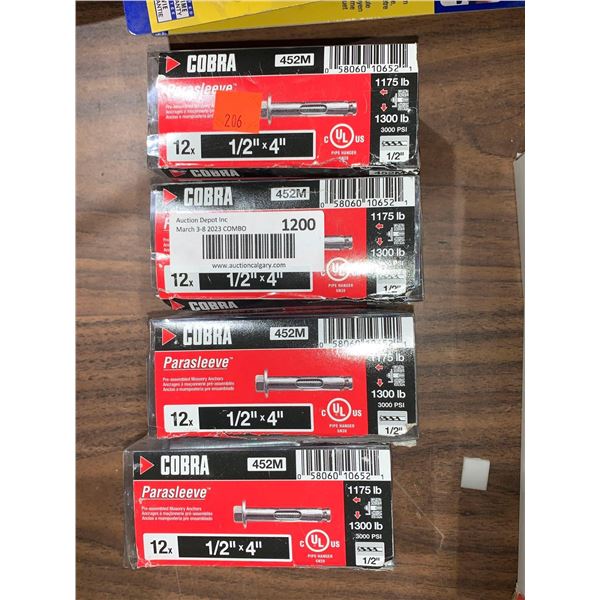 Cobra Parasleeve Pre-assembled Masonry Anchors 12x 1/2"x4" LOT of 4 Boxes