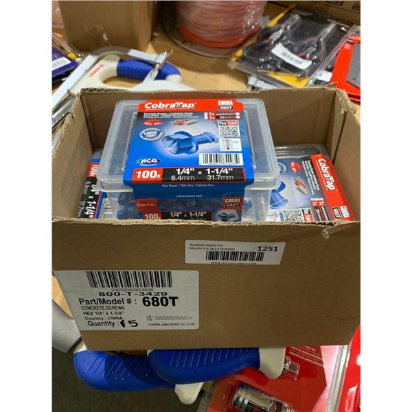 Lot of 5 Cobratap 1/4"x1-1/4" Concrete Screws 5X100 Count