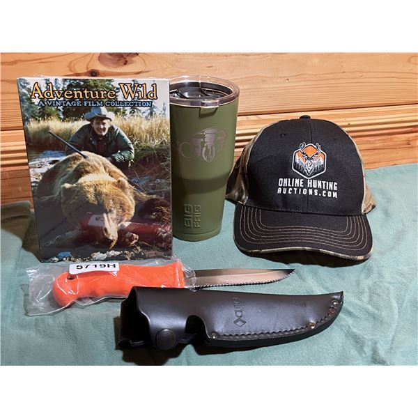 Cutco Knife & Sheath, Online Hunting Ball Cap, Big Frig "DSC" 20 oz Tumbler,  Adventure Wild DVD