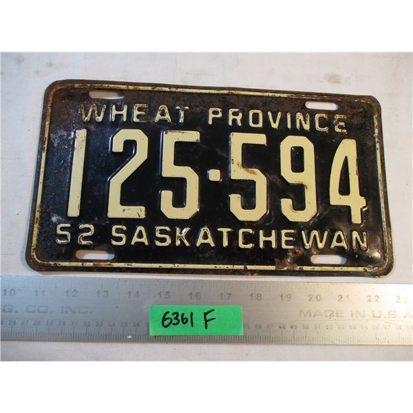 1952 Sask License Plate (Wheat Province)