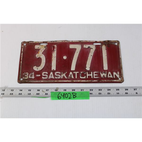 Vintage Saskatchewan License Plate - 1934