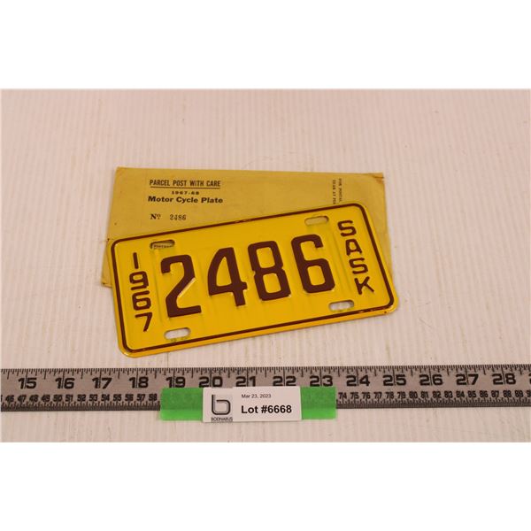 Vintage Unused '67 Sask Motorcycle License Plate