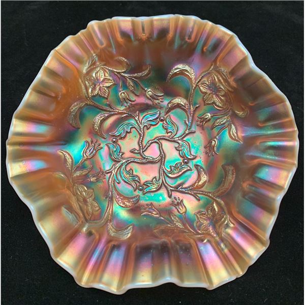 Dugan Peach Opal Carnival Glass "Belle Flower" Crimped Ruffled Candy Dish / Circa 1911