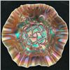 Image 1 : Dugan Peach Opal Carnival Glass "Belle Flower" Crimped Ruffled Candy Dish / Circa 1911