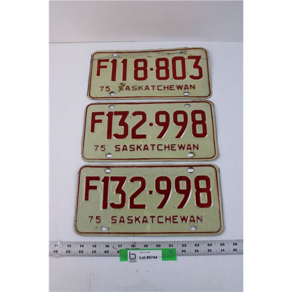 Pair of 1975 Saskatchewan License Plates and One Single