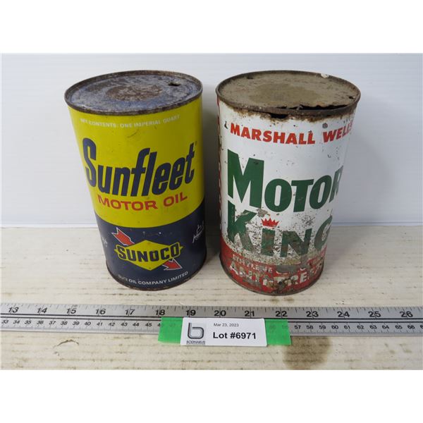 Sunco Sunfleet Motor Oil (empty) - Marshall Wells Motor King Anti Freeze Can (empty - Rusted)