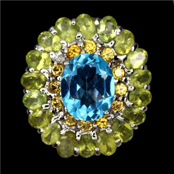 Natural Swiss Blue Topaz Peridot Sapphire Ring
