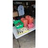Image 1 : BIN OF CASTORS, ELECTRICAL OUTLETS, COVERS AND 3 JERRY CANS