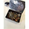 Image 2 : METAL FIRST NATIONS LIDDED JAR, JEWLERY BOX WITH CONTENTS, SUNGLASSES, WATCH
