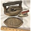 Image 2 : Two Irons, One Wooden Handle, One miniature Iron (vinage toy?)