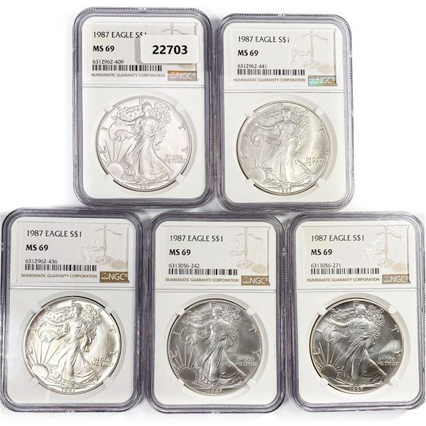 1987 Set (5) American Silver Eagles NGC MS69