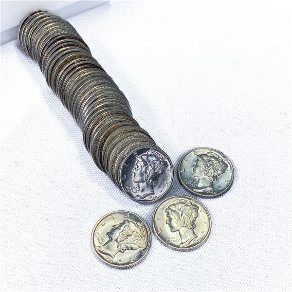 1936-1945 Mercury Dime Roll (42 Coins)