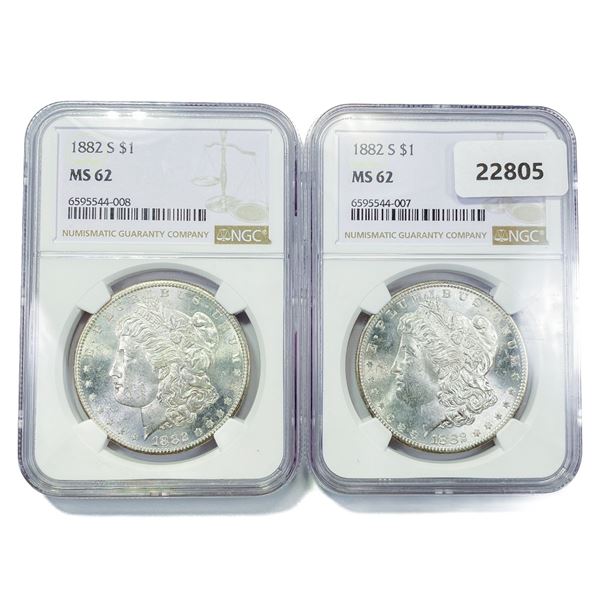 1882-S Set (2) Morgan Silver Dollar NGC MS62