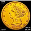 Image 1 : 1892-CC $5 Half Eagle UNCIRCULATED