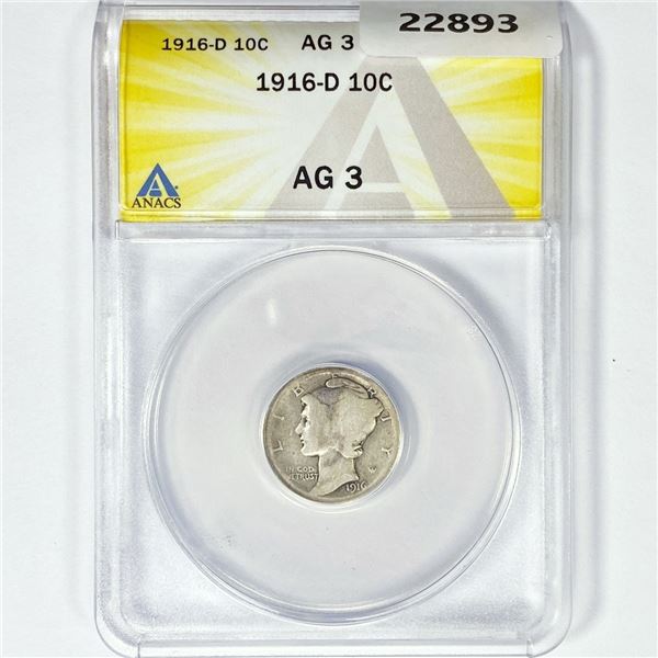 1916-D Mercury Silver Dime ANACS AG3