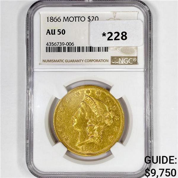 1866 $20 Gold Double Eagle NGC AU50 Motto